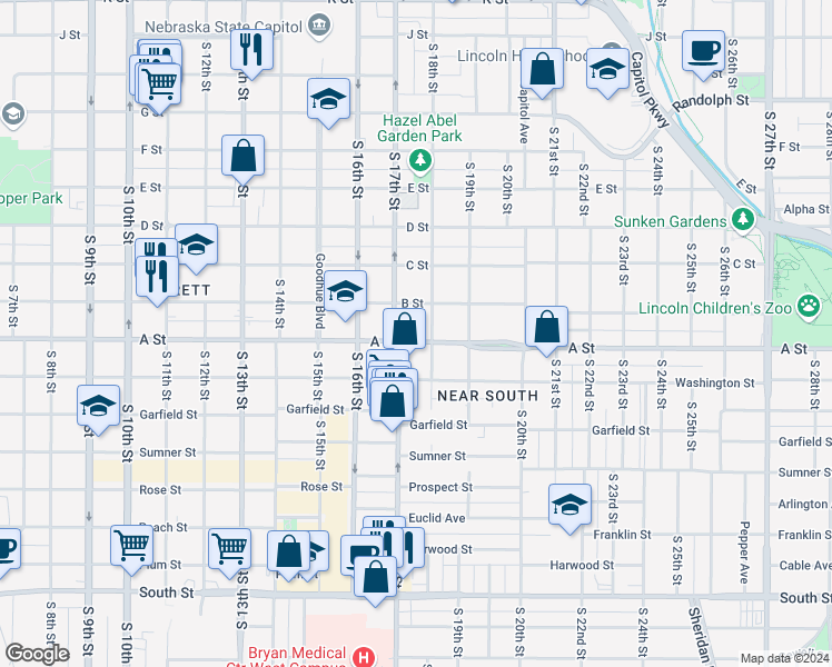 map of restaurants, bars, coffee shops, grocery stores, and more near 1727 B Street in Lincoln