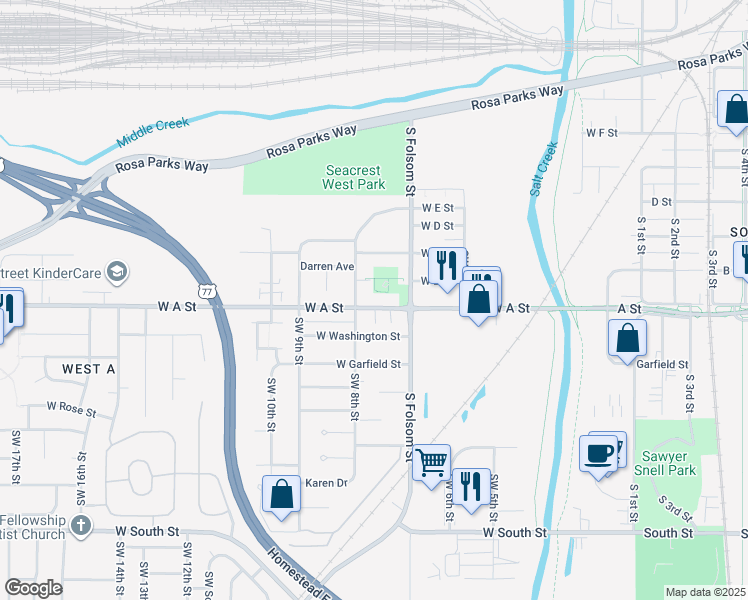 map of restaurants, bars, coffee shops, grocery stores, and more near 742 West B Street in Lincoln