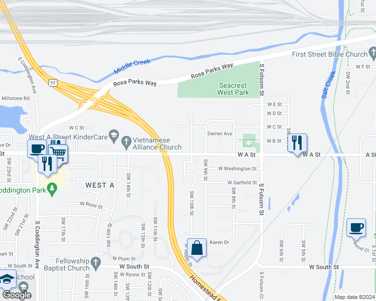 map of restaurants, bars, coffee shops, grocery stores, and more near 1301 Southwest 10th Street in Lincoln