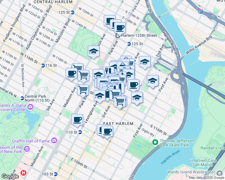 map of restaurants, bars, coffee shops, grocery stores, and more near 170 East 118th Street in New York