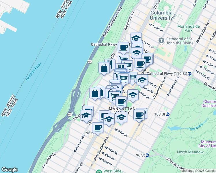 map of restaurants, bars, coffee shops, grocery stores, and more near 865 West End Avenue in New York