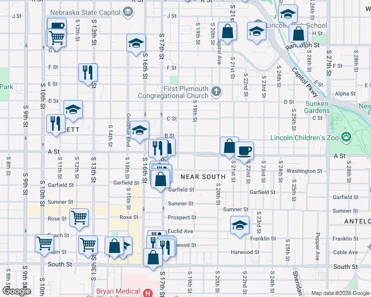 map of restaurants, bars, coffee shops, grocery stores, and more near 1827 B Street in Lincoln