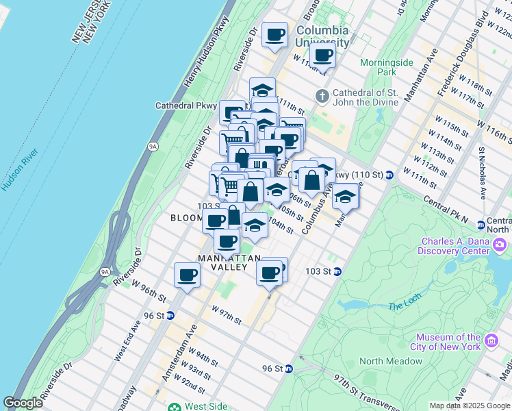 map of restaurants, bars, coffee shops, grocery stores, and more near 904 Amsterdam Avenue in New York