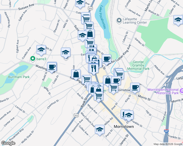 map of restaurants, bars, coffee shops, grocery stores, and more near 17 Prospect Street in Morristown