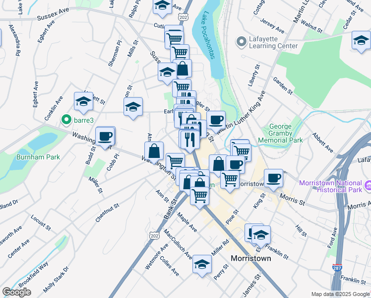 map of restaurants, bars, coffee shops, grocery stores, and more near 7 Prospect Street in Morristown