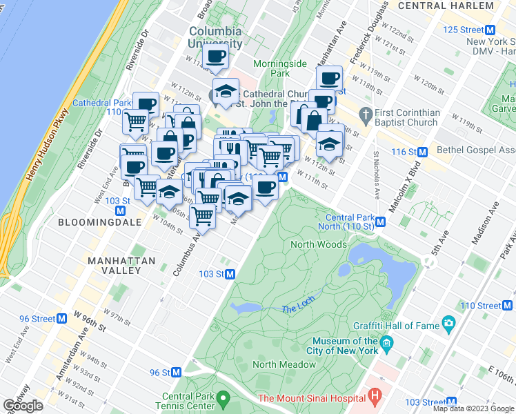 map of restaurants, bars, coffee shops, grocery stores, and more near 177 Manhattan Avenue in New York
