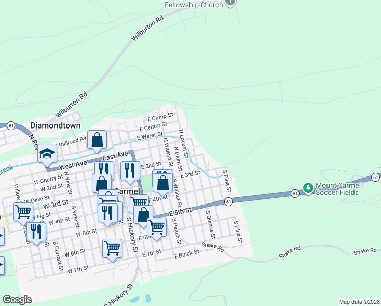 map of restaurants, bars, coffee shops, grocery stores, and more near 501-599 East Cherry Street in Mount Carmel