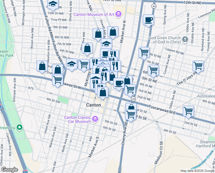 map of restaurants, bars, coffee shops, grocery stores, and more near 120 3rd Street Northwest in Canton