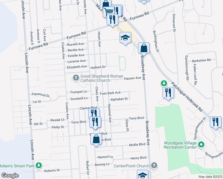 map of restaurants, bars, coffee shops, grocery stores, and more near 1471 Hummel Avenue in Holbrook