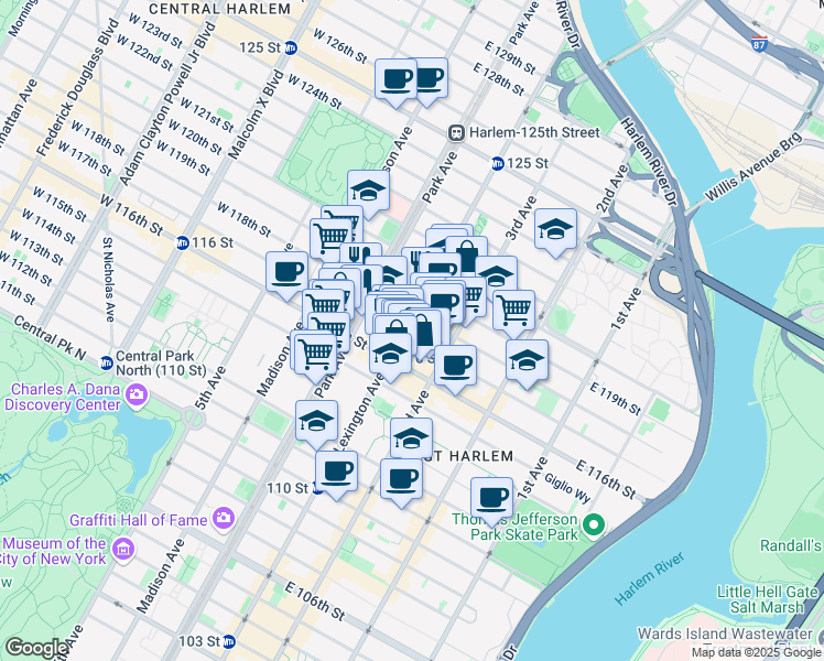 map of restaurants, bars, coffee shops, grocery stores, and more near 1890 Lexington Avenue in New York