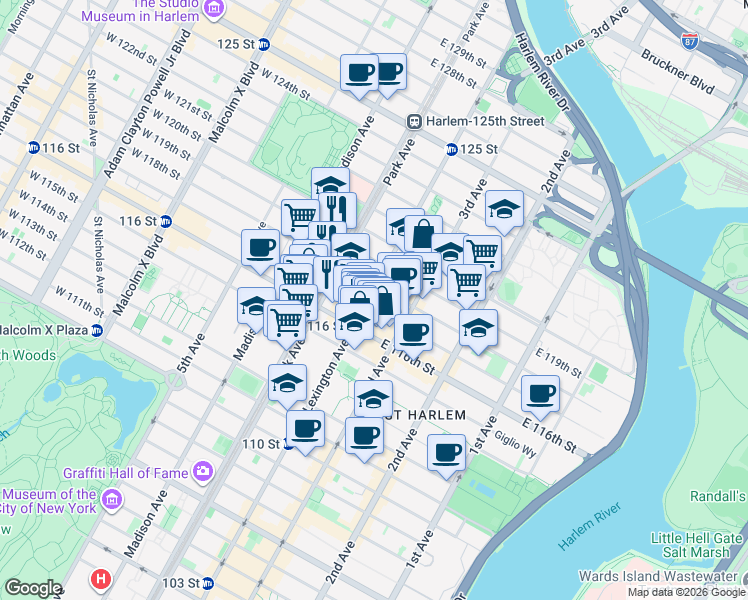 map of restaurants, bars, coffee shops, grocery stores, and more near in New York