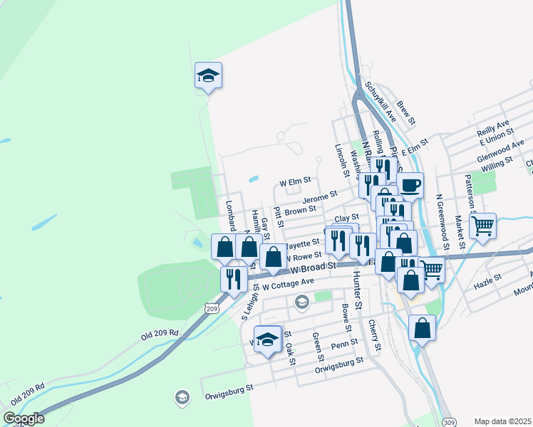 map of restaurants, bars, coffee shops, grocery stores, and more near 301 Gay Street in Tamaqua