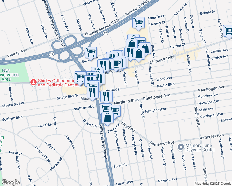map of restaurants, bars, coffee shops, grocery stores, and more near 143 Mastic Boulevard East in Mastic