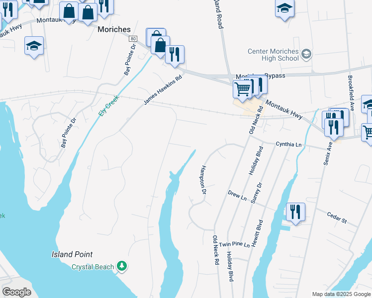 map of restaurants, bars, coffee shops, grocery stores, and more near 12 Lilly Court in Moriches