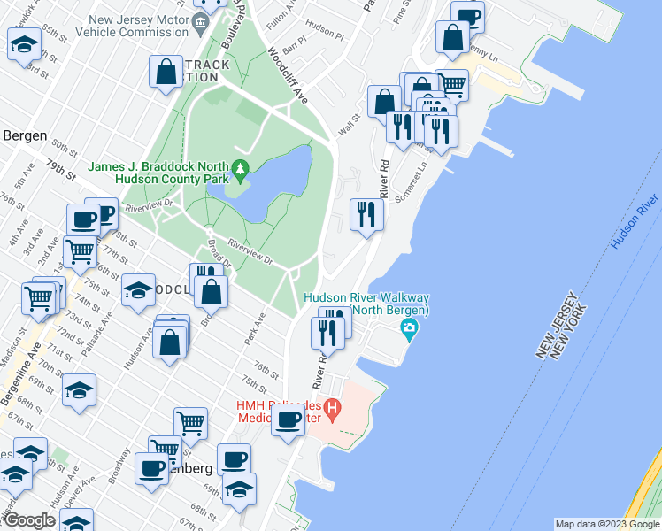 map of restaurants, bars, coffee shops, grocery stores, and more near 8200 Boulevard East in North Bergen