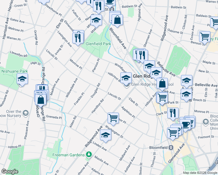 map of restaurants, bars, coffee shops, grocery stores, and more near 65 Douglas Road in Glen Ridge