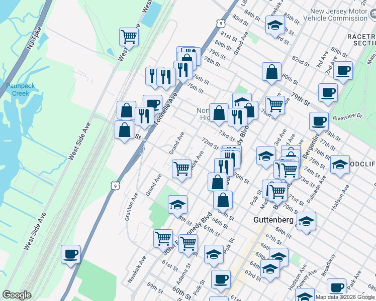 map of restaurants, bars, coffee shops, grocery stores, and more near 7018 Grand Avenue in North Bergen