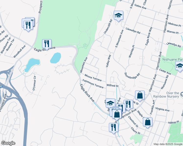map of restaurants, bars, coffee shops, grocery stores, and more near 35 Woodside Terrace in West Orange