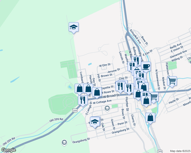 map of restaurants, bars, coffee shops, grocery stores, and more near 301 Gay Street in Tamaqua