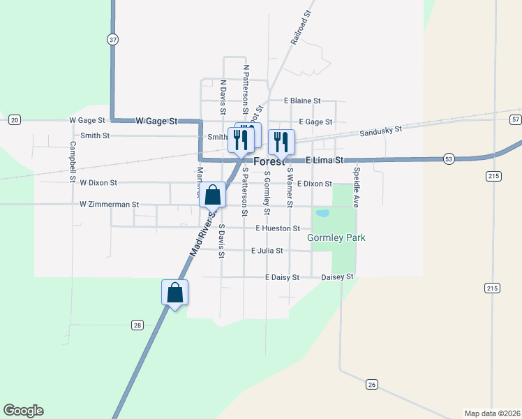 map of restaurants, bars, coffee shops, grocery stores, and more near 111 East Dixon Street in Forest