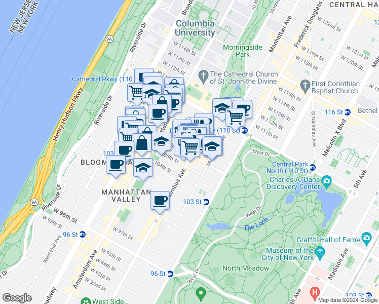 map of restaurants, bars, coffee shops, grocery stores, and more near 115 West 106th Street in New York