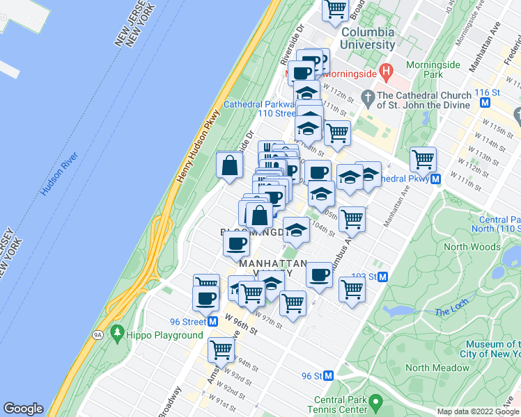 map of restaurants, bars, coffee shops, grocery stores, and more near 243 West 103rd Street in New York