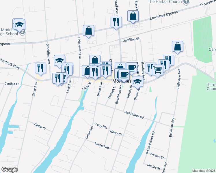 map of restaurants, bars, coffee shops, grocery stores, and more near 334 Main Street in Center Moriches