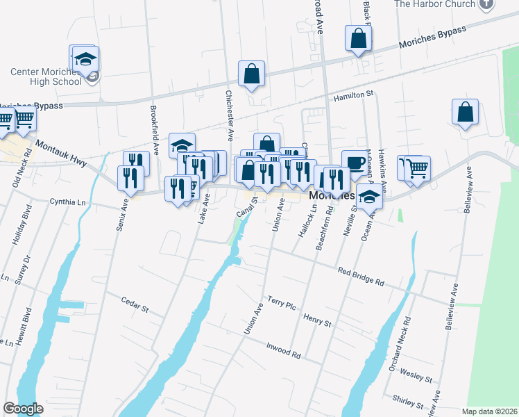 map of restaurants, bars, coffee shops, grocery stores, and more near 7 Canal Street in Center Moriches