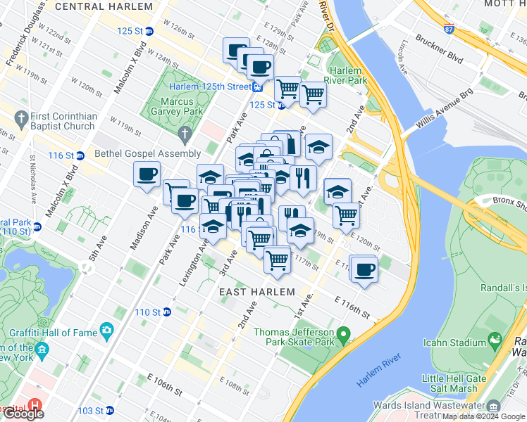 map of restaurants, bars, coffee shops, grocery stores, and more near 2193 3rd Avenue in New York