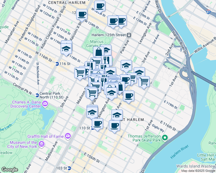 map of restaurants, bars, coffee shops, grocery stores, and more near 1663 Park Avenue in New York