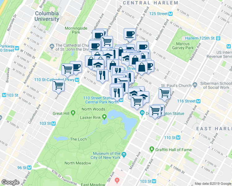 map of restaurants, bars, coffee shops, grocery stores, and more near 120 West 112th Street in New York