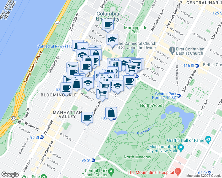 map of restaurants, bars, coffee shops, grocery stores, and more near 965 Columbus Avenue in New York