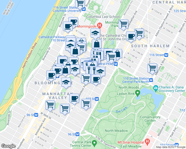 map of restaurants, bars, coffee shops, grocery stores, and more near 965 Columbus Avenue in New York