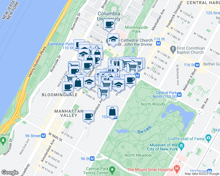 map of restaurants, bars, coffee shops, grocery stores, and more near 965 Columbus Avenue in New York
