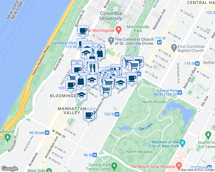 map of restaurants, bars, coffee shops, grocery stores, and more near 115 West 106th Street in New York