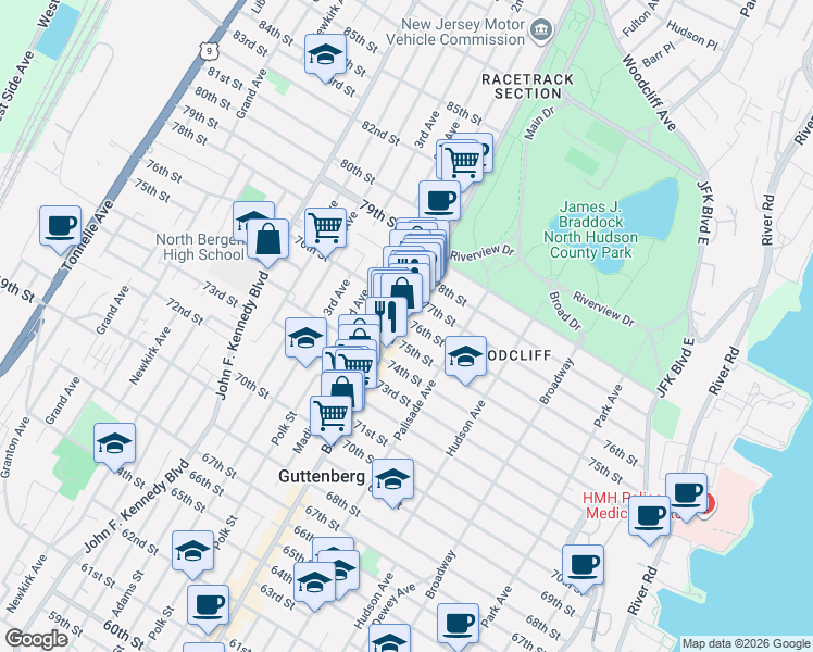map of restaurants, bars, coffee shops, grocery stores, and more near 509 76th Street in North Bergen