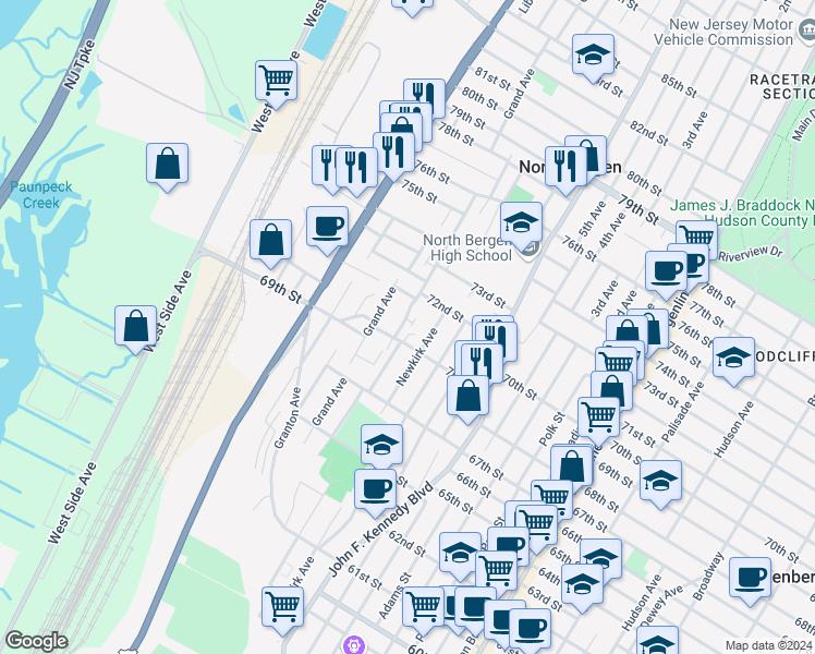 map of restaurants, bars, coffee shops, grocery stores, and more near 7018 Grand Avenue in North Bergen