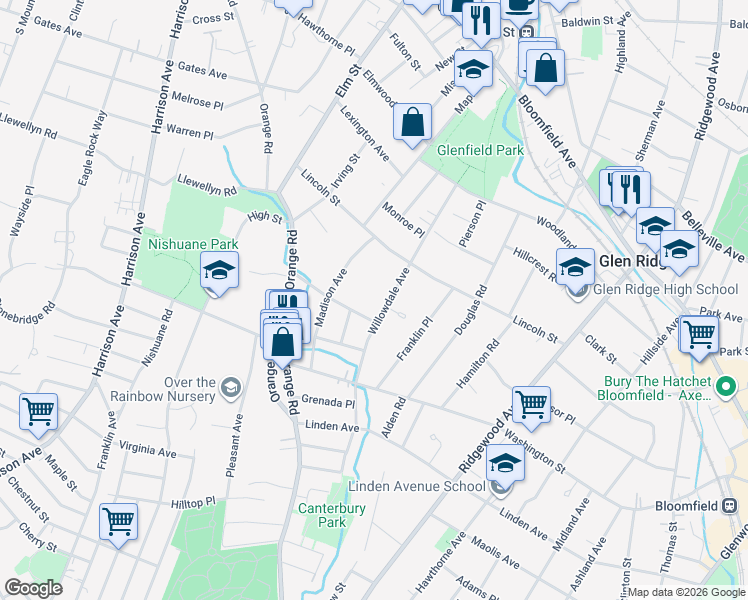 map of restaurants, bars, coffee shops, grocery stores, and more near 16 Madison Avenue in Montclair
