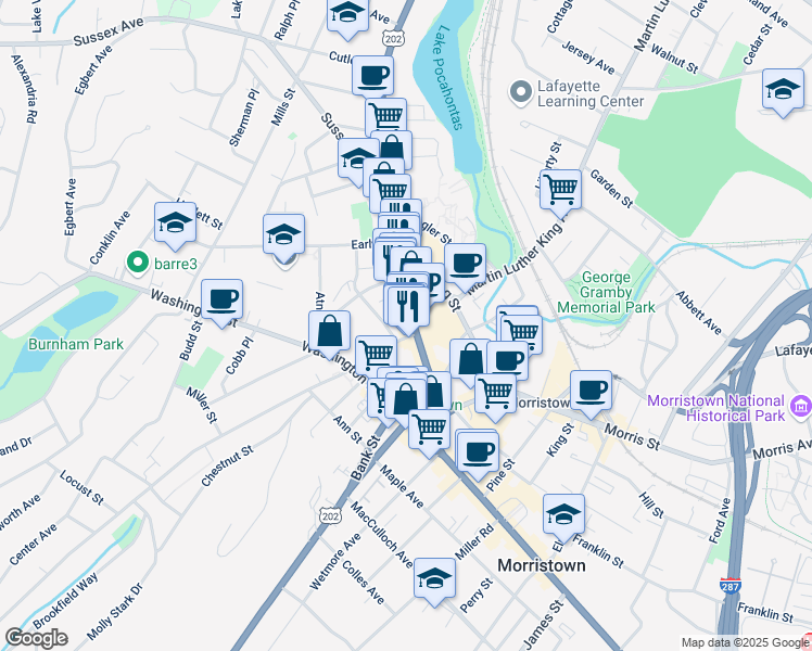 map of restaurants, bars, coffee shops, grocery stores, and more near in Morristown