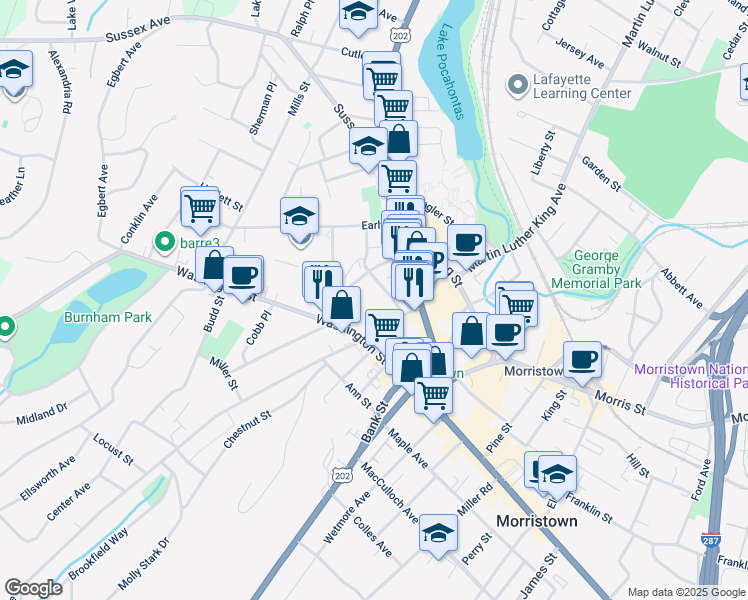 map of restaurants, bars, coffee shops, grocery stores, and more near 17 Clinton Street in Morristown