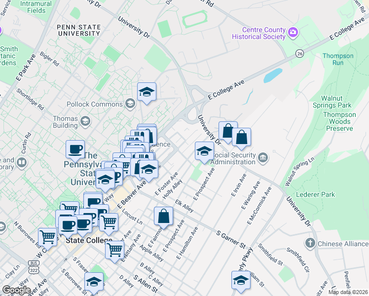 map of restaurants, bars, coffee shops, grocery stores, and more near 700 East Beaver Avenue in State College