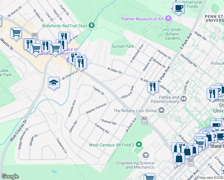 map of restaurants, bars, coffee shops, grocery stores, and more near 255 Woodland Drive in State College
