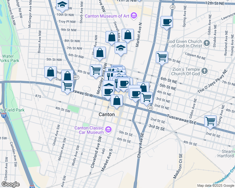 map of restaurants, bars, coffee shops, grocery stores, and more near 120 3rd Street Northwest in Canton