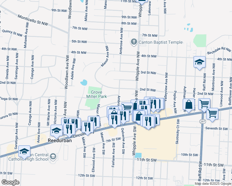 map of restaurants, bars, coffee shops, grocery stores, and more near 189 Ambrose Avenue Northwest in Canton