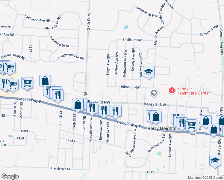 map of restaurants, bars, coffee shops, grocery stores, and more near 504 Jeffrey Avenue Northwest in Massillon
