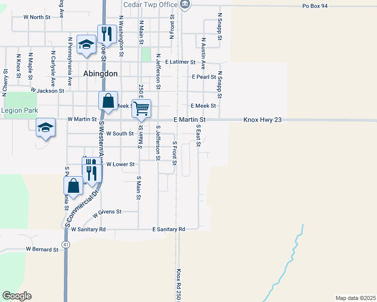 map of restaurants, bars, coffee shops, grocery stores, and more near 305 East South Street in Abingdon