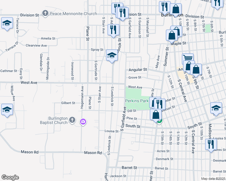 map of restaurants, bars, coffee shops, grocery stores, and more near 1709 West Avenue in Burlington