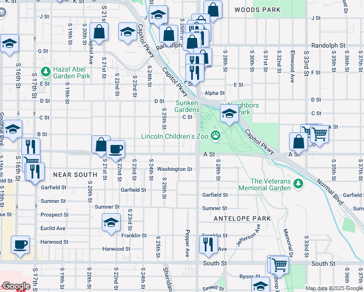 map of restaurants, bars, coffee shops, grocery stores, and more near 2600 B Street in Lincoln