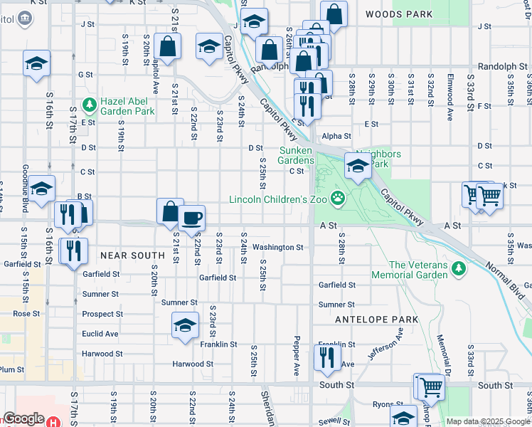 map of restaurants, bars, coffee shops, grocery stores, and more near 2444 B Street in Lincoln