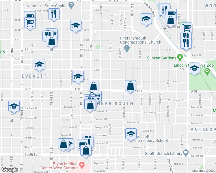 map of restaurants, bars, coffee shops, grocery stores, and more near 1827 B Street in Lincoln